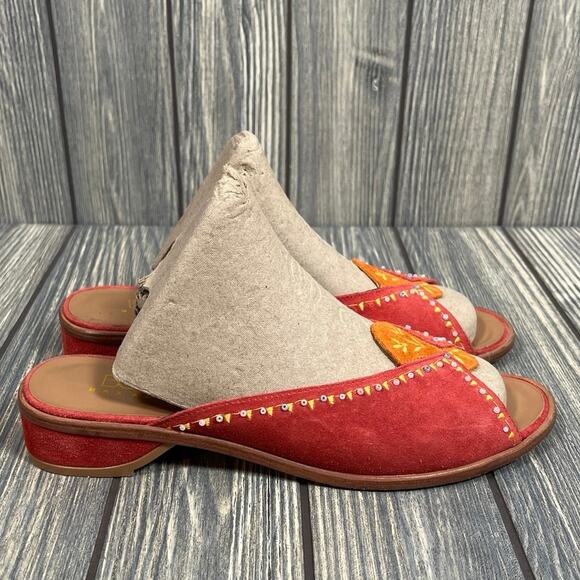 BCBG Max Azria Women Red Orange Suede Slip Slides Sandals Beaded Sz 6/38 Summer - Picture 1 of 9